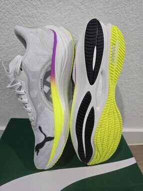 Puma MeVelocity Nitro Foam White Running Shoes with Neon Yellow & Purple Accents